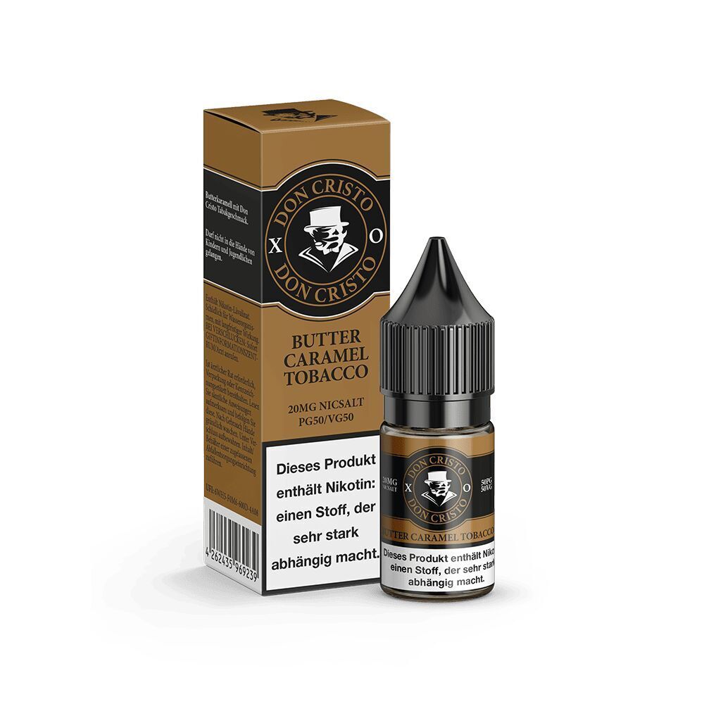 Liquid XO 20mg - Don Cristo Don Cristo Nikotinsalz XO, Butter Caramel Tobacco 20mg, Flasche und Verpackung mit Warnhinweis: Produkt enthält Nikotin.