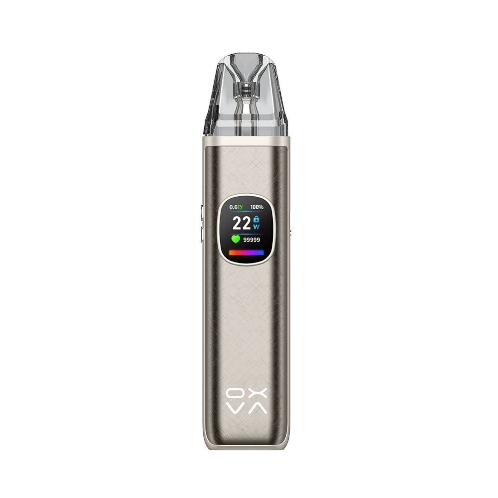 Oxva Xlim Pro 2 DNA Pod Kit - Silk Brown Oxva Xlim Pro Pod Kit in Silk Brown mit digitalem Display, zeigt 22 W Leistung und Statusanzeigen, transparentes Mundstück oben.