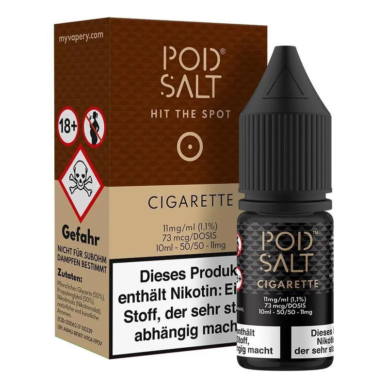 Liquid Cigarette von Pod Salt Core Pod Salt Core Nikotinsalz Cigarette 11mg Verpackung und Flasche, mit Gefahrenhinweis und Text über den Nikotingehalt.