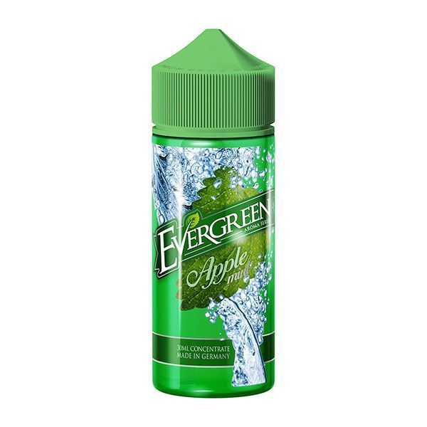 Aroma Apple Mint von Evergreen Grüne Flasche Evergreen Aroma Apple Mint mit Wasser- und Grüntönen, Schriftzug "Apple Mint" im Vordergrund, 30 ml Konzentrat