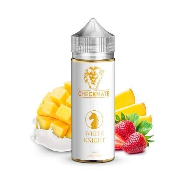 Aroma White Knight von Dampflion Checkmate Dampflion Checkmate Aroma White Knight Flasche mit Mangostücken, Erdbeeren und Sahne im Hintergrund