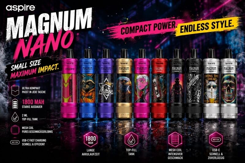 Aspire Magnum Nano E-Zigarette – Kompakte 1800mAh Vape mit Mesh Coil & Top-Fill Tank