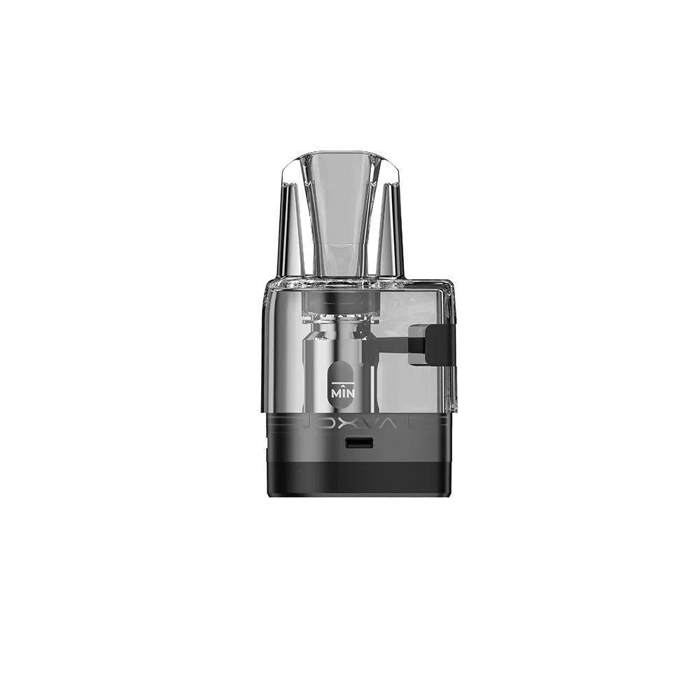 Oxva Oneo Pods mit Coil 0,8 Ohm Oxva Oneo Pod mit transparenter Kammer und sichtbarer Coil-Anzeige, darunter der Schriftzug "MIN" und ein schwarzer Boden.