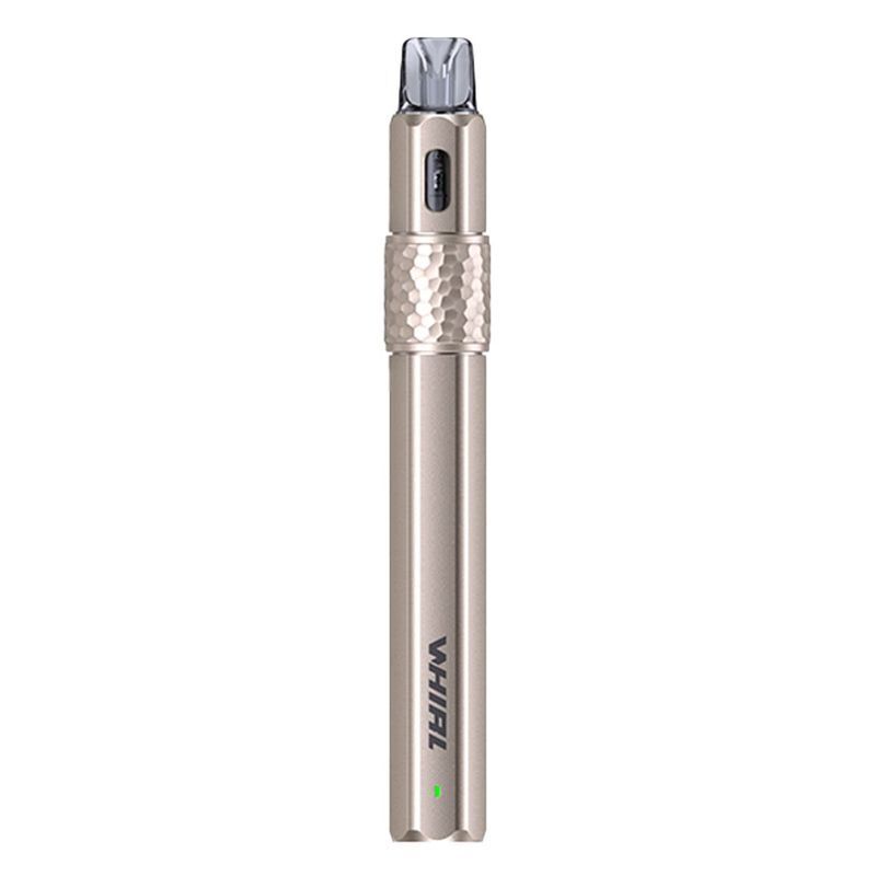 Uwell Whirl F Pod Kit in der Farbe Champagne Uwell Whirl F Pod Kit in Champagner-Farbe mit geriffeltem Griff und durchsichtigem Mundstück, seitlichem Schalter und grünem Indikator.