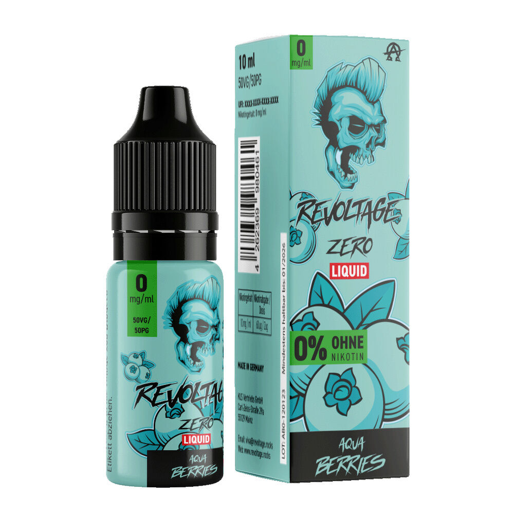 Revoltage Hybrid Liquid - Aqua Berries Revoltage Liquid Aqua Berries 0mg Flasche und Verpackung mit Totenkopf-Design, 0% Nikotin-Hinweis, türkis-schwarzes Farbschema.