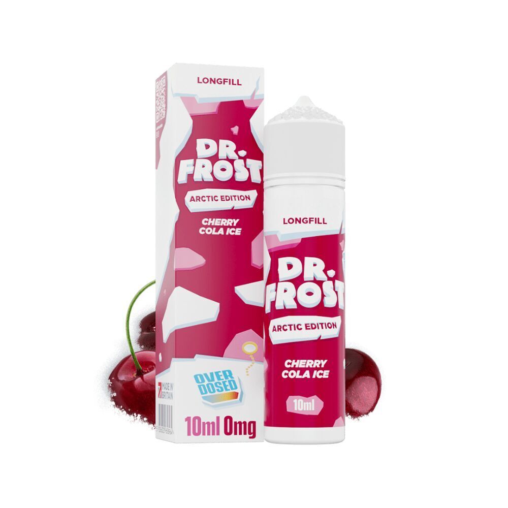 Aroma Cherry Cola Ice - Dr. Frost Dr. Frost Aroma Flasche und Verpackung mit der Aufschrift Cherry Cola Ice, Dekoration mit frischen Kirschen, 10 ml, 0 mg Nikotin