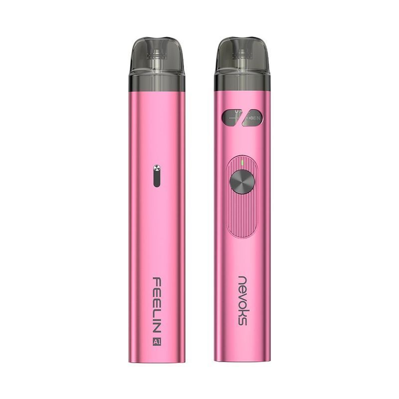 Nevoks Feelin A1 Pod Kit in der Farbe Pink Nevoks Feelin A1 Pod Kit in Pink, zwei Geräte mit schwarzem Mundstück und Bedienelementen, einer zeigt Feelin-Branding, der andere Nevoks.