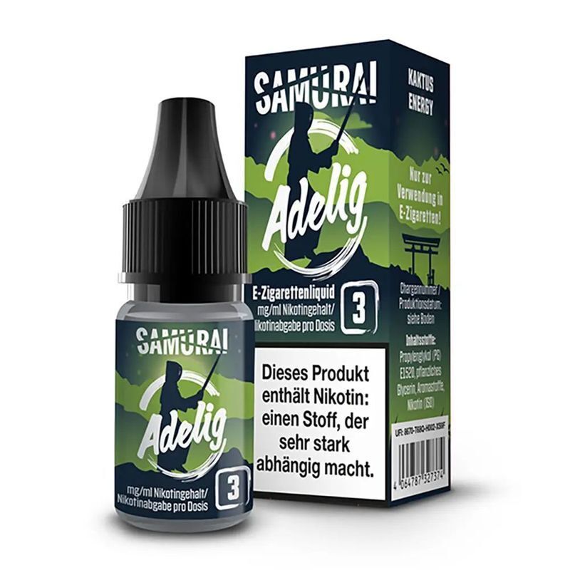 Liquid Adelig von Samurai Samurai Liquid Adelig 3mg E-Zigarettenliquid, Flasche und Verpackung mit Silhouette eines Samurai und Textinformationen über Nikotingehalt.