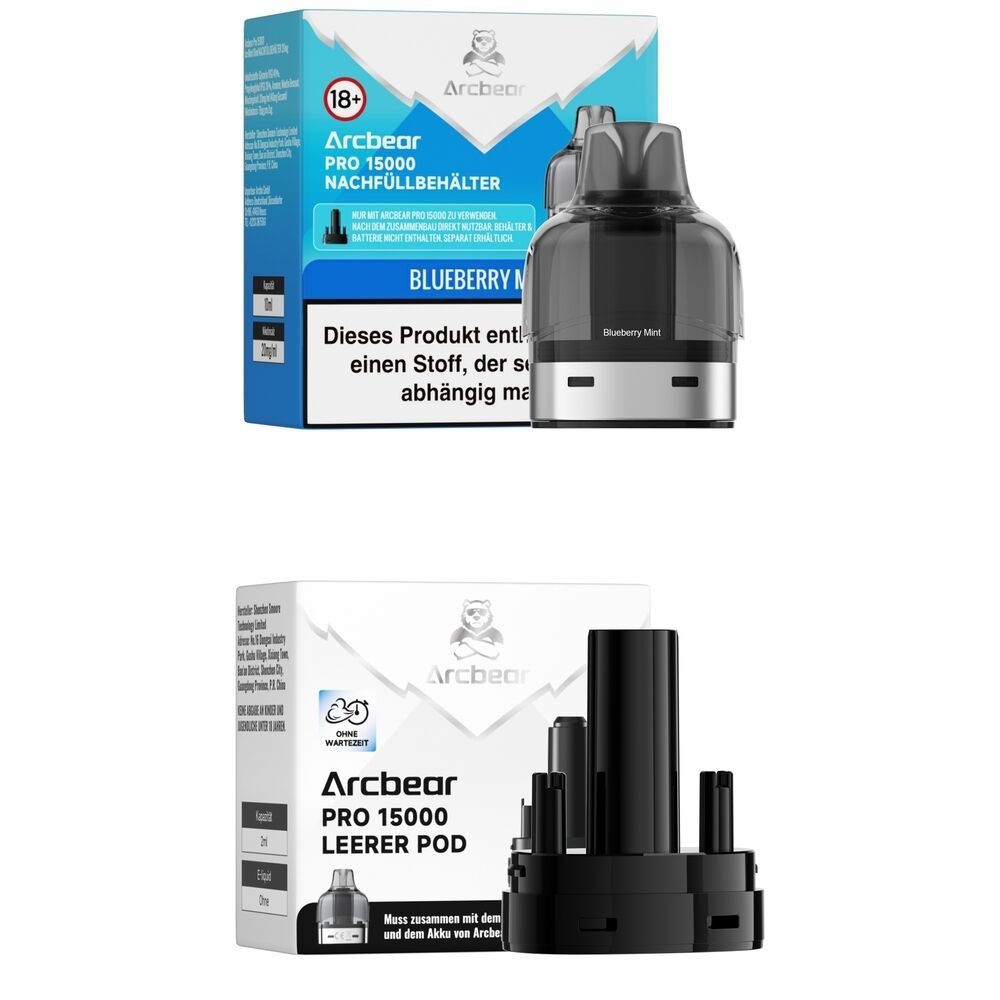 Arcbear Pro 15000 Pods - Blueberry Mint 20mg Arcbear Pro 15000 Pods, Blueberry Mint 20mg, Verpackung und Pods sichtbar, 18+ Warnhinweis auf der Verpackung, zwei Nachfüllbehälter.