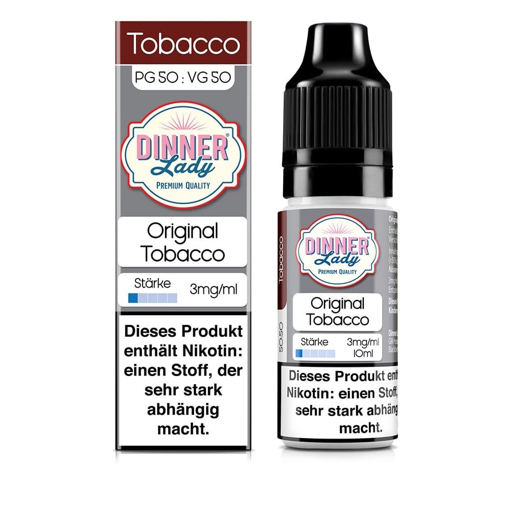 Liquid Original Tobacco von Dinner Lady Dinner Lady Liquid Original Tobacco 10ml Flasche, Nikotingehalt 3mg/ml, Hinweis auf hohe Abhängigkeitseigenschaft enthalten.