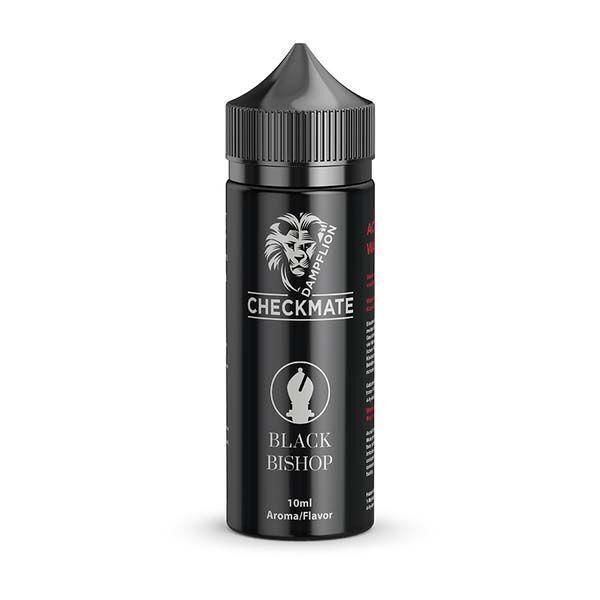 Aroma Black Bishop von Dampflion Checkmate Dampflion Checkmate Black Bishop Aroma 10ml Flasche mit schwarzem Design, Schachfigur-Motiv und stilisiertem Löwenlogo.