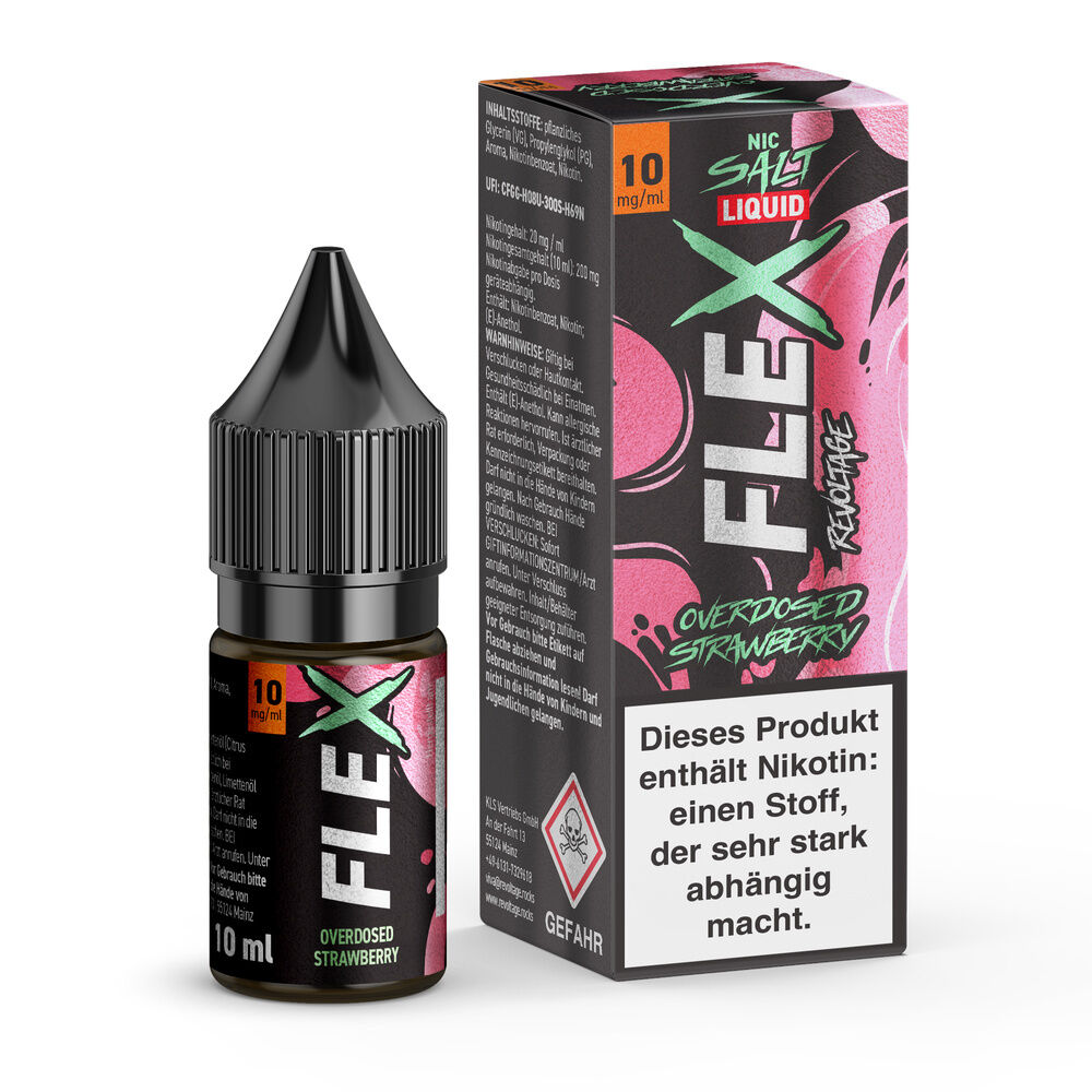 Revoltage Flex Nikotinsalz - Strawberry Flasche und Verpackung von Revoltage Flex Nikotinsalz Liquid mit 10mg/ml in der Geschmacksrichtung Strawberry, Warnhinweis auf Nikotingehalt sichtbar.