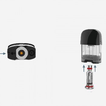 Uwell Caliburn G Verdampferkopf 0,8 Ohm neben transparentem Pod und Einzelteilansicht mit detaillierten Komponenten.