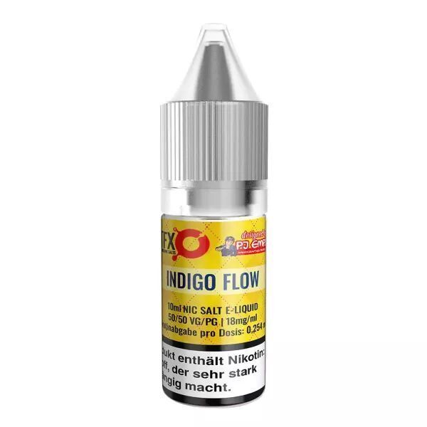 Liquid Indigo Flow mit 18mg Nikotin von PJ Empire E-Liquid-Flasche mit gelbem Etikett, PJ Empire Indigo Flow Nikotinsalz 18mg, silberner Deckel, 10ml Inhalt, 50/50 VG/PG-Mix.
