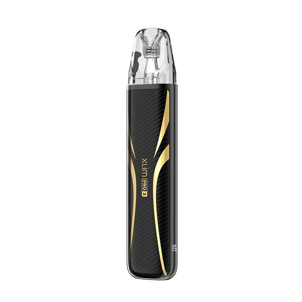 Oxva Xlim Pro 3 Pod Kit - Pro Carbon Oxva Xlim Pro 3 Pod Kit in Schwarz mit goldenen Akzenten und klarem Mundstück, Logo und Beschriftung „Xlim Pro 3“ sichtbar.