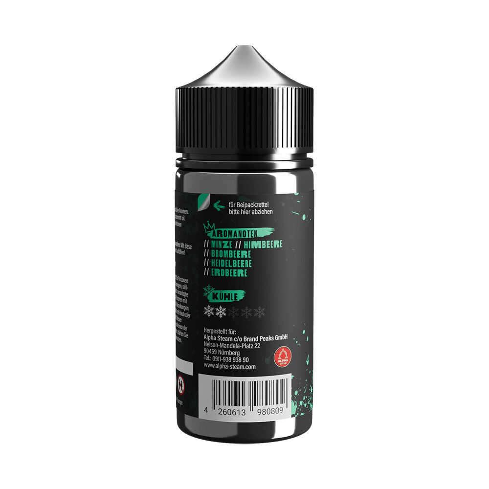 Flasche „Tony Vapes Aroma - Mint Berries“ mit schwarzem Etikett und grüner Schrift, listet Aromanoten: Minze, Himbeere, Brombeere, Heidelbeere, Erdbeere.
