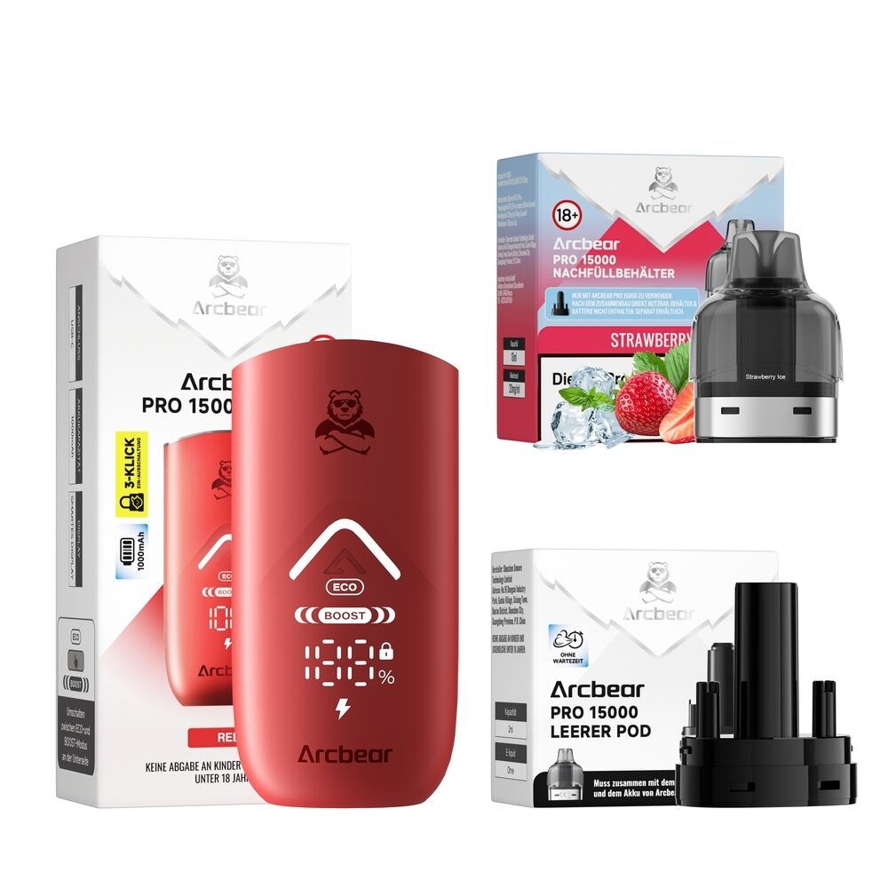 Arcbear Pro 15000 Set - Strawberry Ice 20mg Arcbear Pro 15000 Set mit rotem Gerät, Nachfüllbehälter Strawberry Ice, leerem Pod und Verpackungen, Logo mit Bär sichtbar.