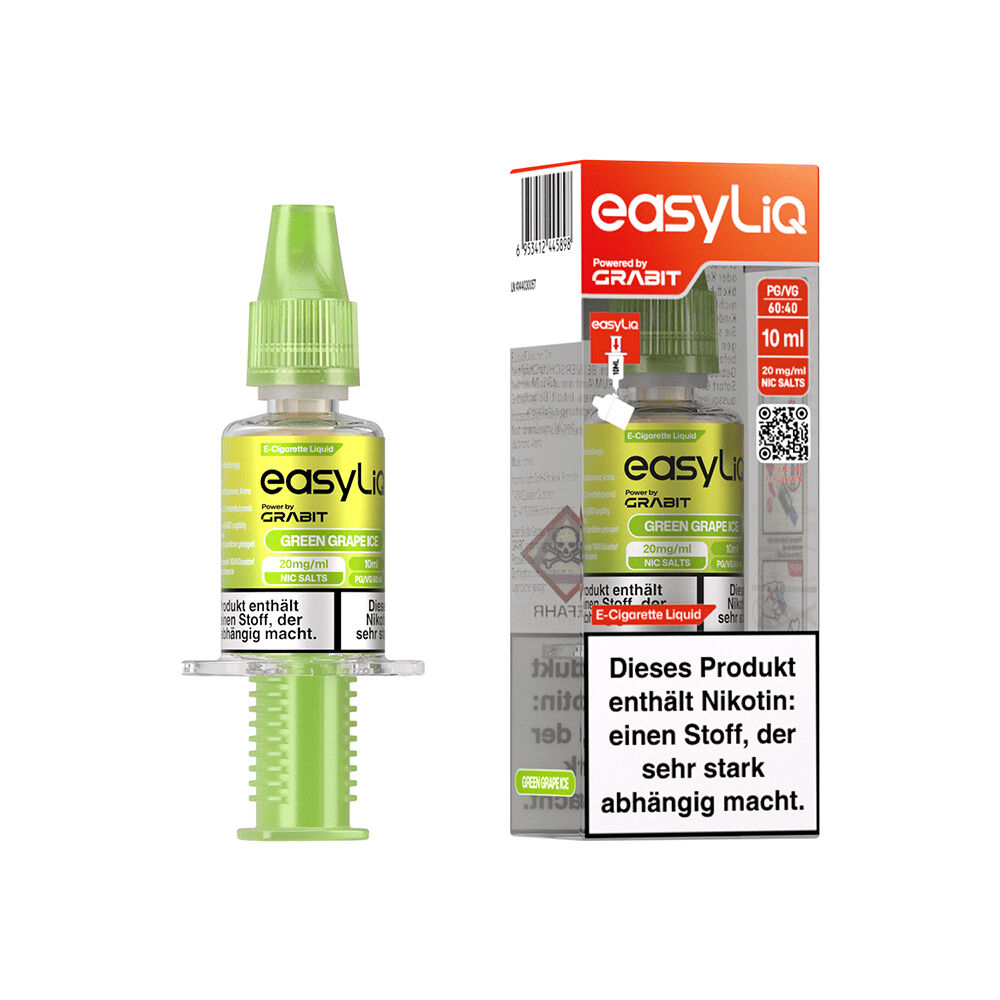 Grabit EasyLiQ Liquid - Green Grape Ice 20mg Flasche mit Grabit EasyLiQ Green Grape Ice E-Zigaretten Liquid, 10 ml, 20mg/ml Nikotin, neben passender Verpackung mit Warnhinweis.