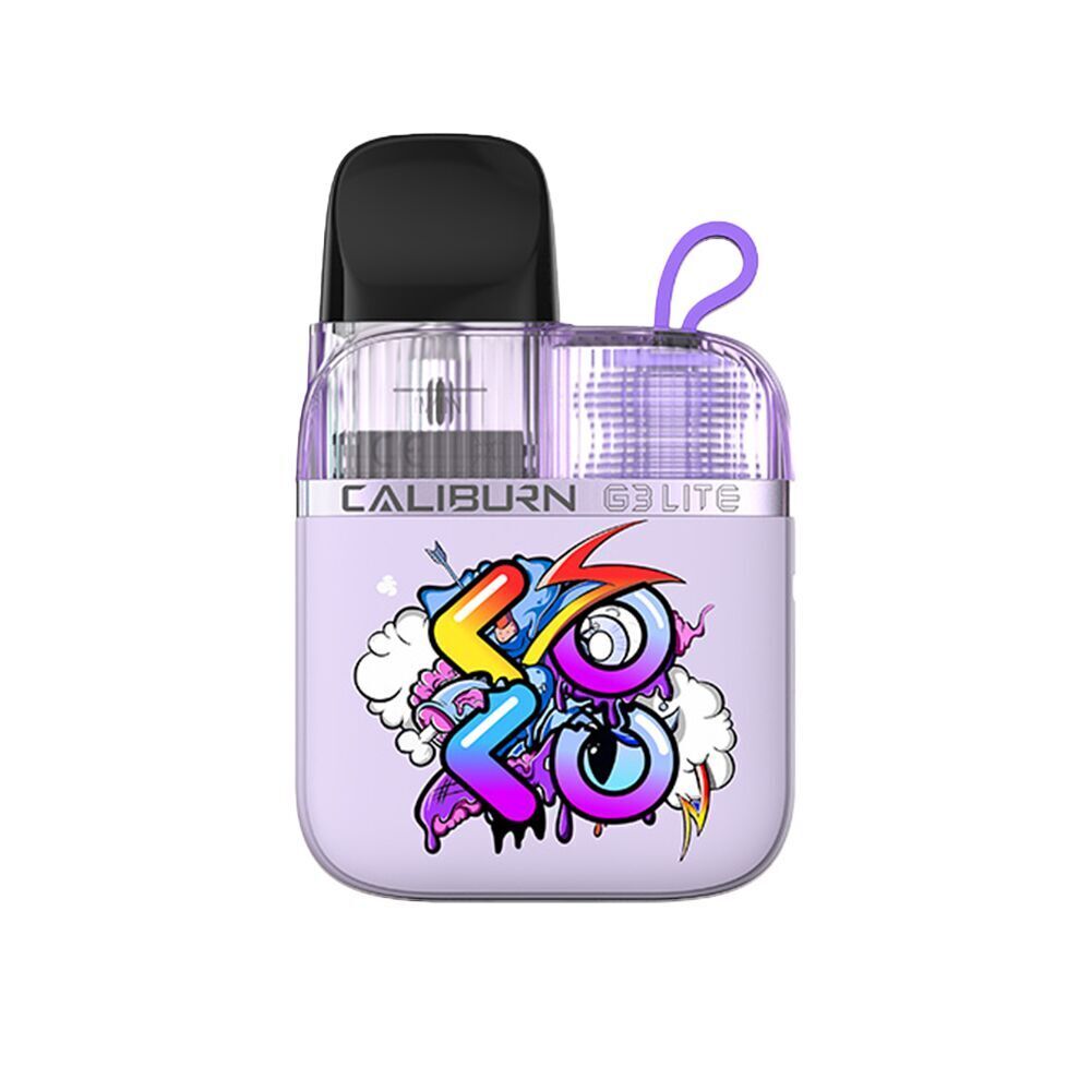 Uwell Caliburn G3 Lite Koko Pod Kit - Graffiti Purple Uwell Caliburn G3 Lite Koko Pod Kit in Graffiti Purple, lila Design mit buntem Graffiti-Muster, Aufschrift "CALIBURN G3 LITE".