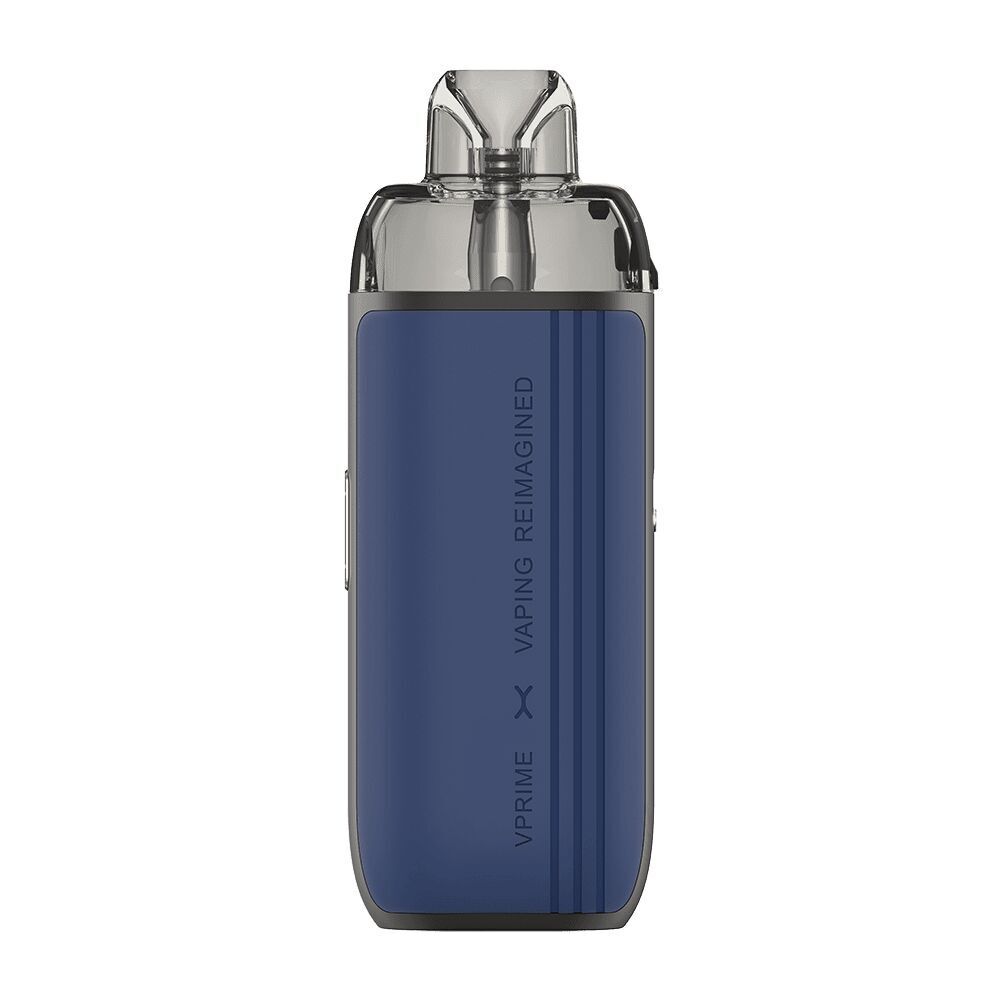 Oxva Vprime Pod Kit in blauer Lederoptik mit durchsichtigem Mundstück, vertikalem Text "Vaping Reimagined" und seitlichen Knöpfen