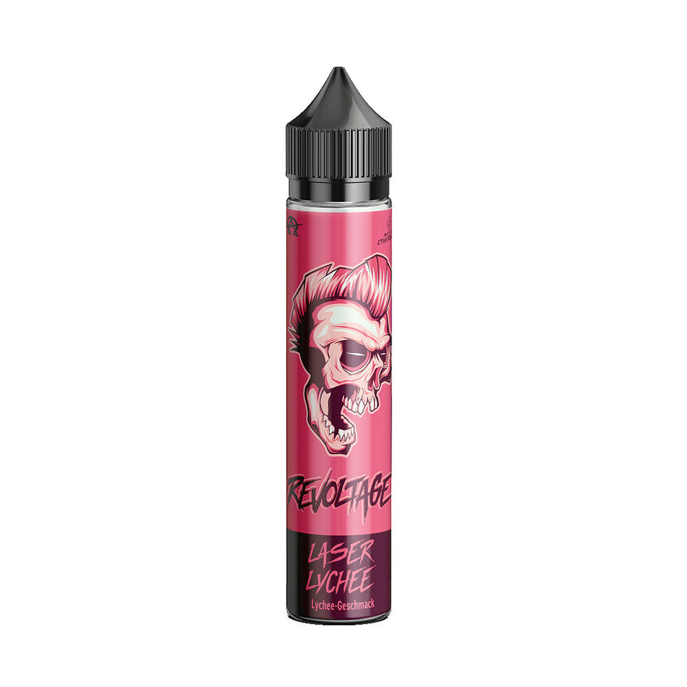 revoltage-longfill-aroma-laser-lychee Revoltage Longfill Aroma Laser Lychee Flasche mit einem Schädelmotiv auf pinkem Hintergrund; Text "Revoltage" und "Laser Lychee" sichtbar.