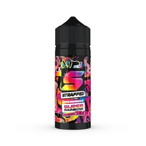 Aroma Super Rainbow - Strapped Flasche von Strapped Aroma Super Rainbow, buntes Etikett mit großem S-Logo, schwarz-weißer Verschluss