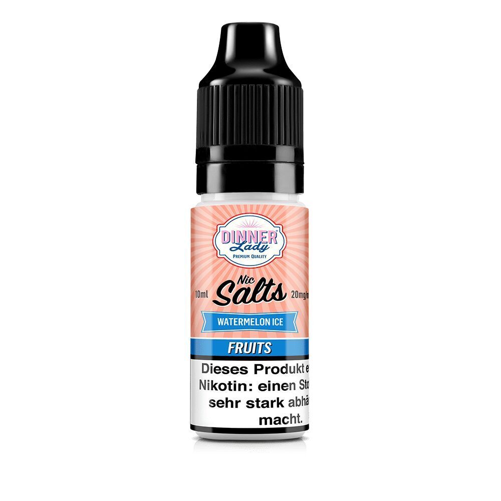 Dinner Lady Nic Salts Watermelon Ice Flasche mit schwarzem Tropfverschluss, orange-weißer Etikettierung und Warnhinweis zu Nikotininhalt