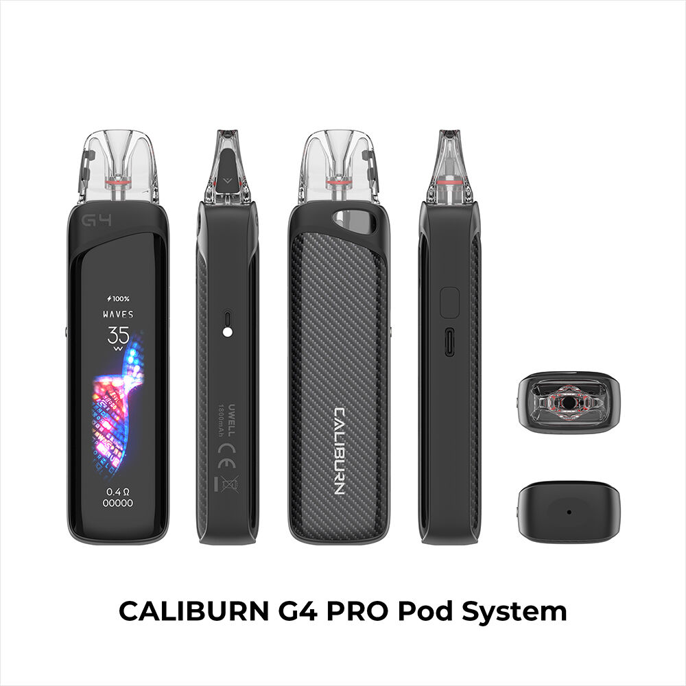 Uwell Caliburn G4 Pro Pod System in Stripe Black, Vorderansicht mit Display, Seitenansicht mit Knopf und Text, Pod-Details separat.