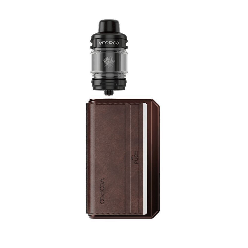 Voopoo Drag 5 Kit in Gradient Brown, bestehend aus einem dunklen Akkuträger mit eingeprägtem Branding und einem transparenten Verdampfer.
