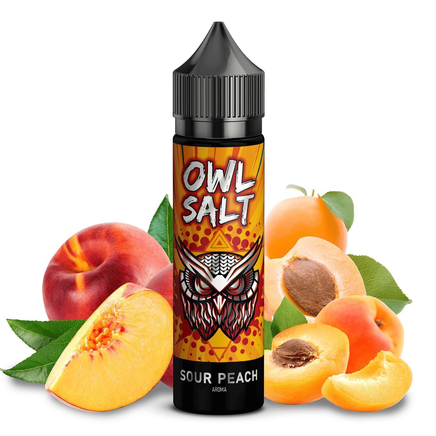 Aroma Sour Peach - Owl Salt Flasche von OWL Aroma Sour Peach Owl Salt, umgeben von saftigen, geschnittenen und ganzen Pfirsichen und Aprikosen, mit Eulenmotiv auf dem Etikett