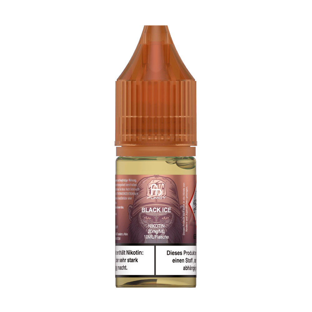RandM Tornado Nikotinsalz Liquid Flasche RandM Tornado Nikotinsalz Liquid Black Ice 20mg, brauner Tropfer, 10ml Inhalt, Etikett mit Schwarz-Weiß-Motiv und Warnhinweis