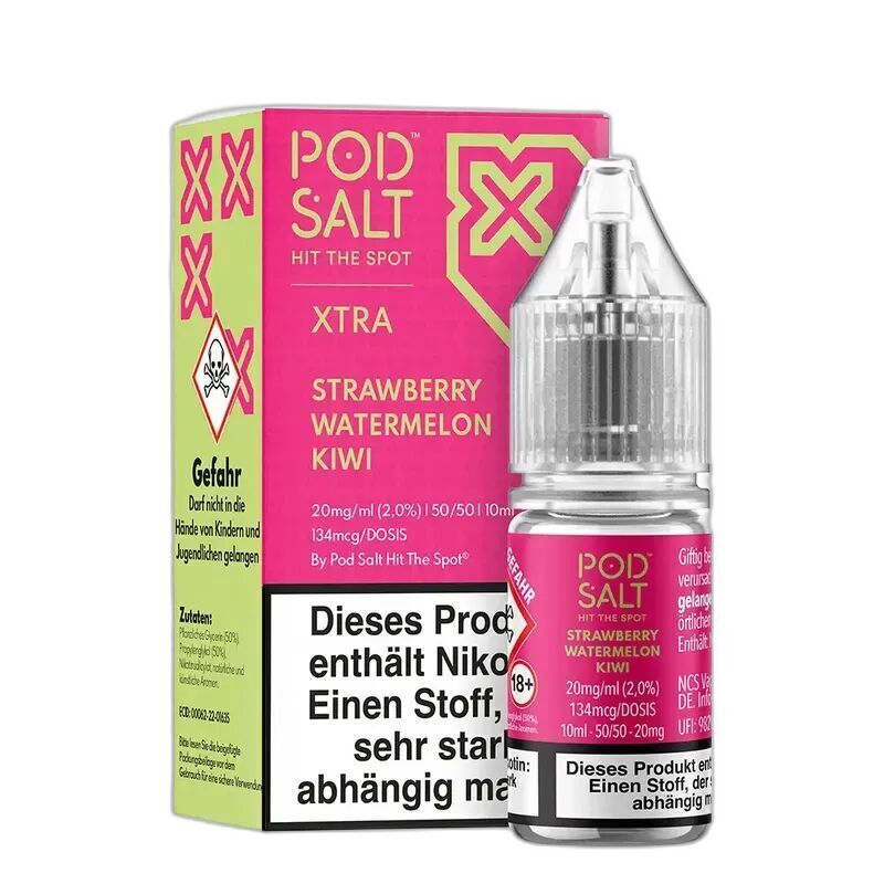 Liquid Strawberry Watermelon Kiwi mit 20mg Nikotin von Pod Salt Xtra Pod Salt Xtra Nikotinsalz-Flasche und Verpackung, Beschriftung "Strawberry Watermelon Kiwi 20mg", Warnhinweise und Dosierungsangaben sichtbar.