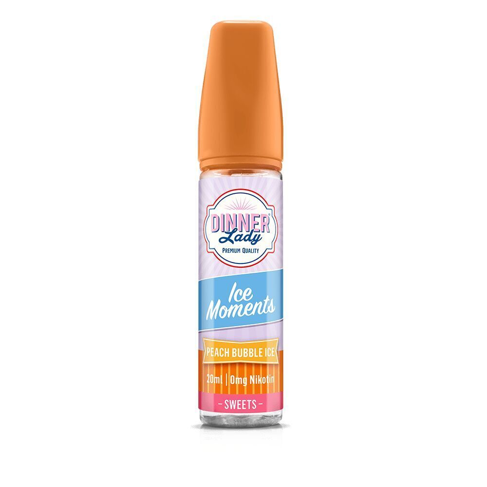 Aroma Peach Bubble ICE von Dinner Lady Dinner Lady Aroma Ice Moments Flasche mit orangefarbenem Deckel, Peach Bubble ICE Geschmack, 20 ml, 0 mg Nikotin, Süßigkeiten-Serie sichtbar.