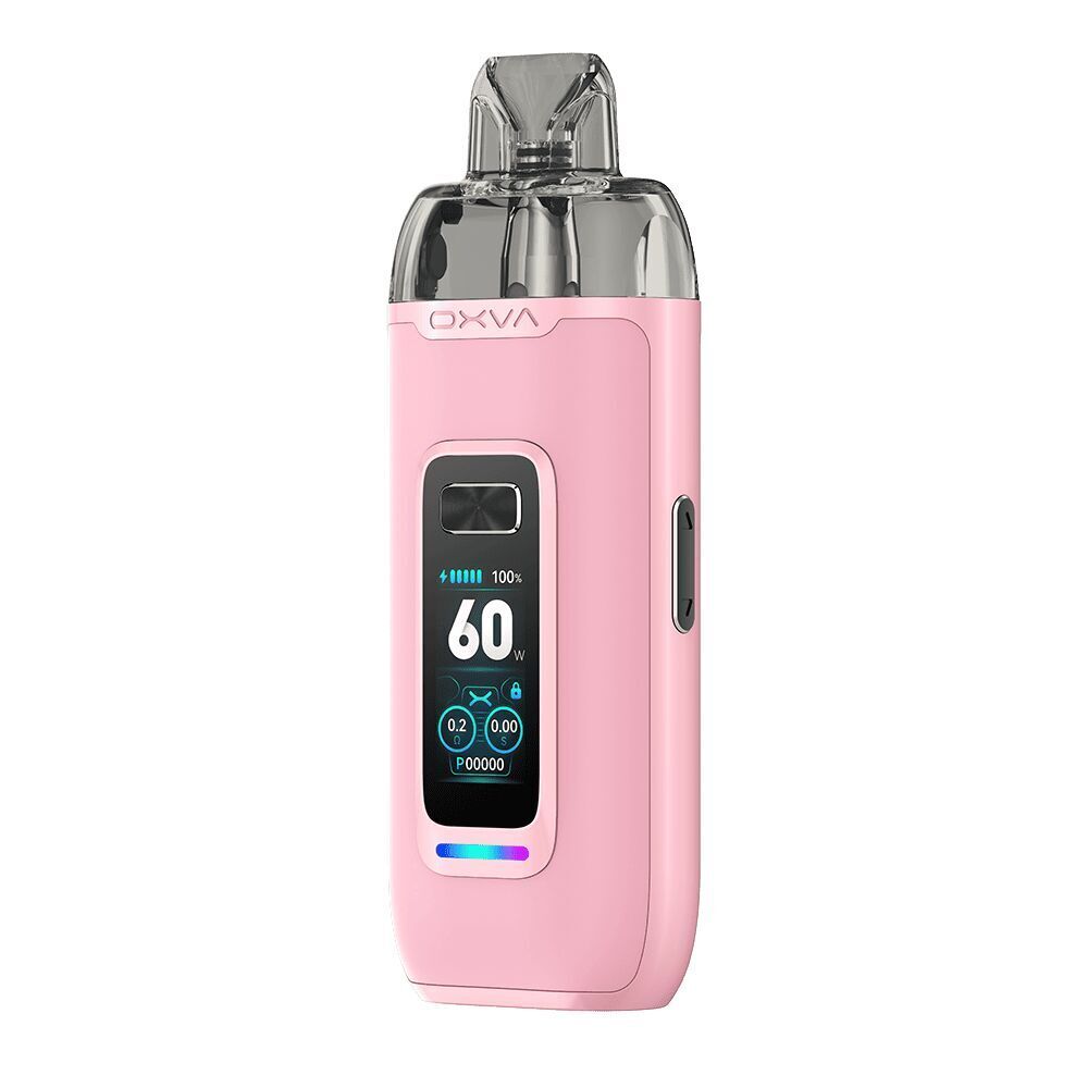 Oxva Vprime Pod Kit Oxva Vprime Pod Kit in Rosa mit Displayanzeige von 60 W, Lade- und Verbindungsanzeige, seitlichem Knopf und transparentem Mundstück.