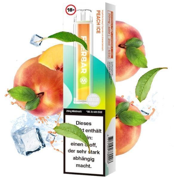 Peach Ice mit 20mg Nikotin Flerbar E-Shisha Flerbar - Peach Ice 20mg Vape-Packung mit Pfirsichen, Eiswürfeln und einem Warnlabel auf weißem Hintergrund.