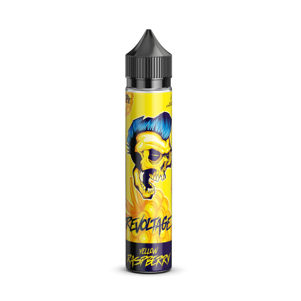 Gelbes Longfill Aroma Fläschchen mit Totenkopf-Design und blauer Schrift „Revoltage Yellow Raspberry“ auf der Vorderseite.