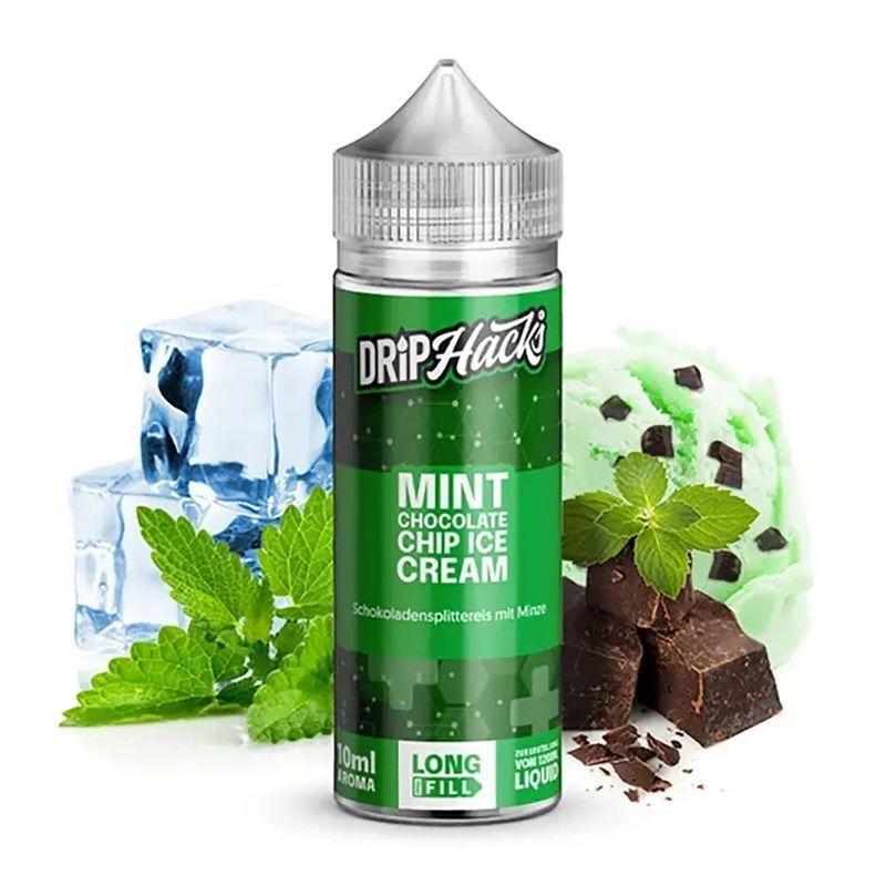 Aroma Mint Chocolate Ice Cream von Drip Hacks Drip Hacks Aroma Mint Chocolate Ice Cream Flasche vor Eiswürfeln, Minzblättern, Schokoladenstückchen und Eiskugel