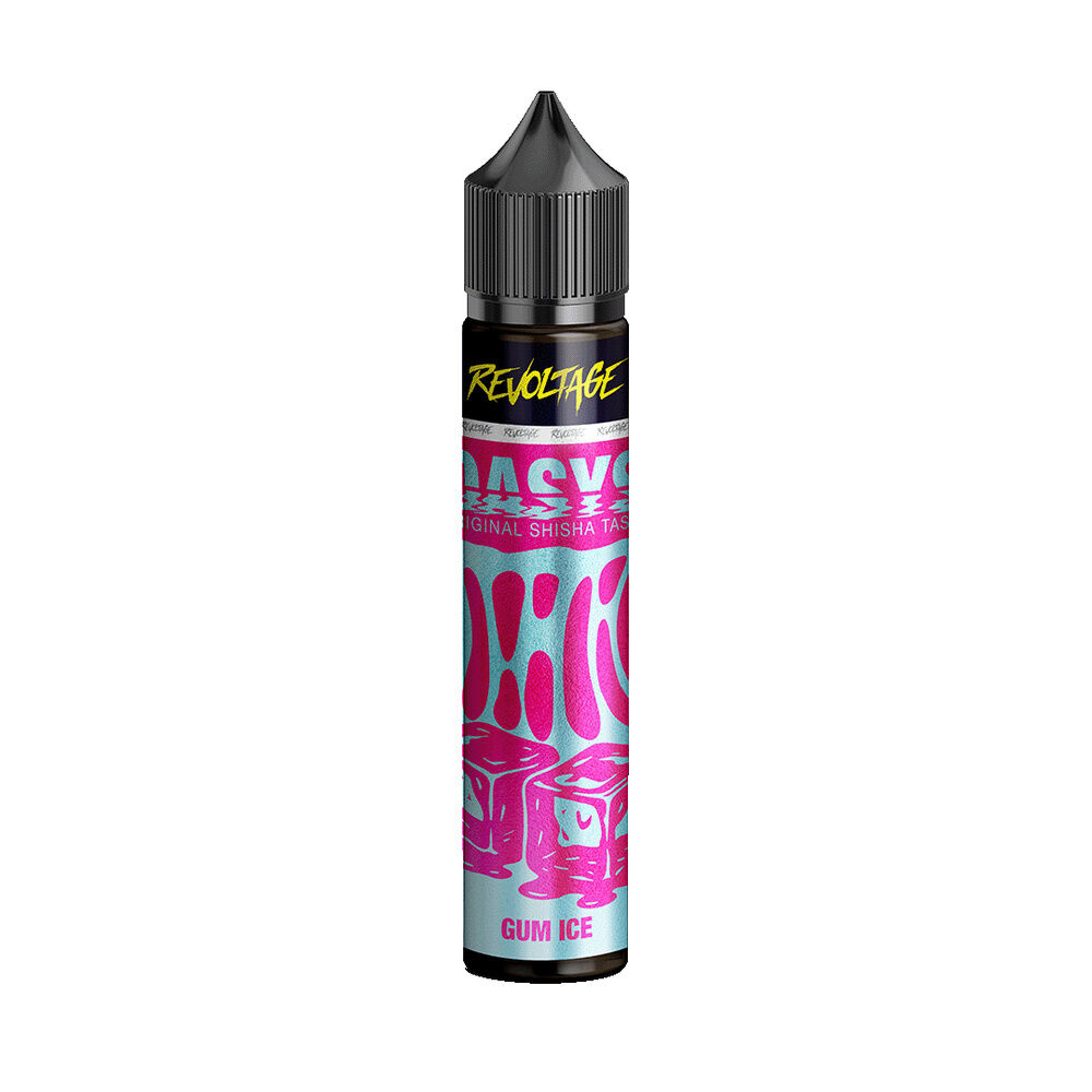 Revoltage Oasys Longfill Aroma 60ml Flasche mit "Gum Ice" Aufschrift und pinkem Grafikdesign auf blauem Hintergrund