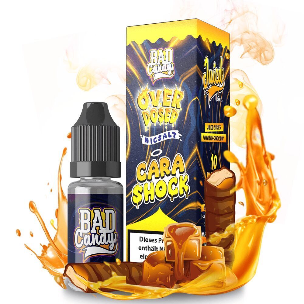 Liquid Cara Shock 20mg - Bad Candy Overdosed E-Liquid Flasche und Box "Bad Candy Overdosed Nicsalt Cara Shock 10mg" mit Karamell-Darstellung und markanter Gestaltung in Gelb und Blau.