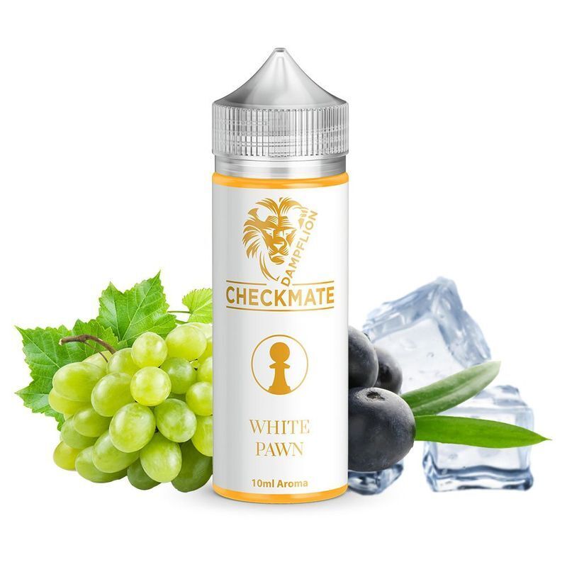 Aroma White Pawn von Dampflion Checkmate Dampflion Checkmate Aroma - White Pawn Flasche mit grünen Trauben, schwarzen Beeren, Eiswürfeln und grünen Blättern im Hintergrund.