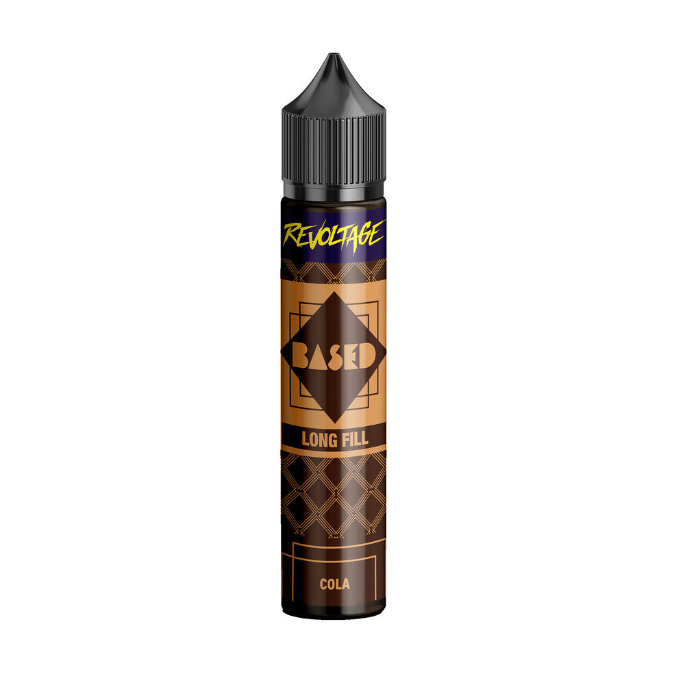 revoltage-based-longfill-aroma-cola Flasche des Revoltage Based Longfill Aromas mit Cola-Geschmack, dunkelbraunes Design mit gelben Details und schwarzem Deckel