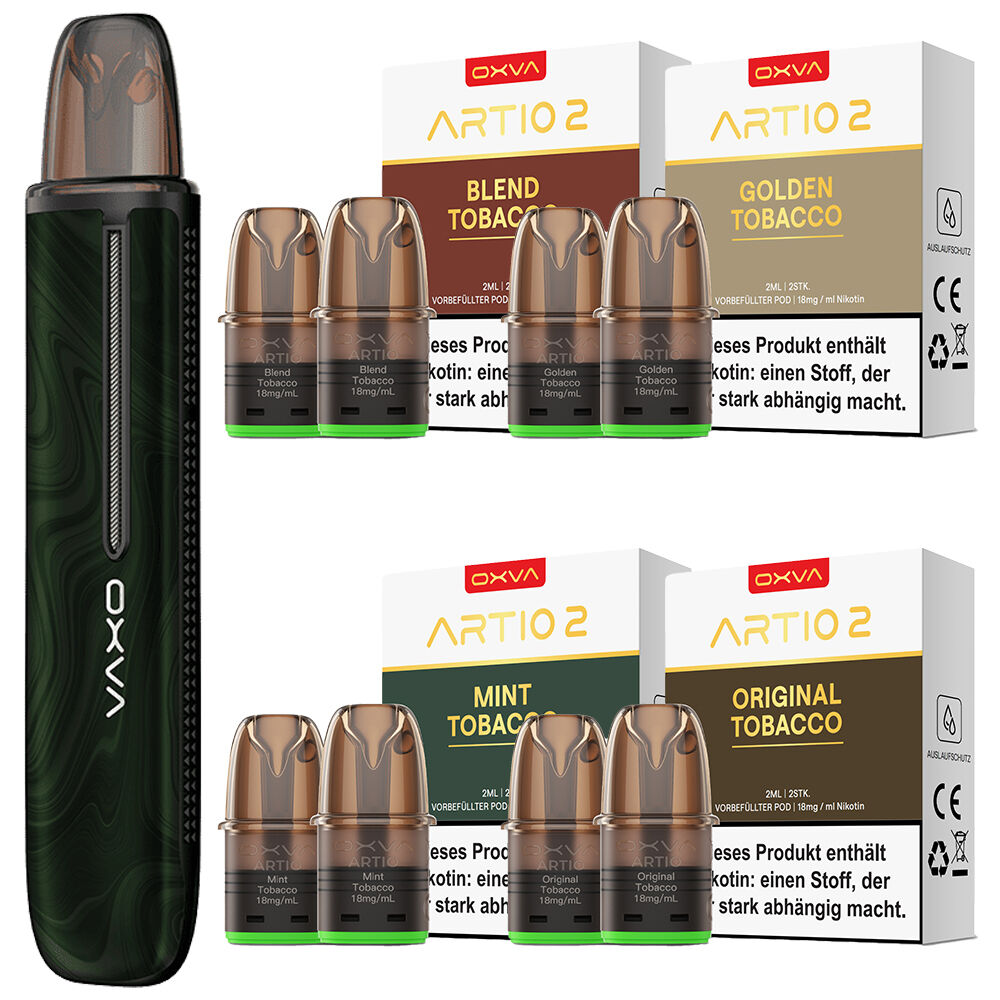 Oxva Artio 2 Tabak Pod Kit Bundle 8mg - Dark Forest Oxva Artio 2 Tabak Pod Kit Bundle mit verschiedenen Tabakpods: Blend, Golden, Mint und Original, jede Schachtel mit Aufdruck über den Nikotingehalt.