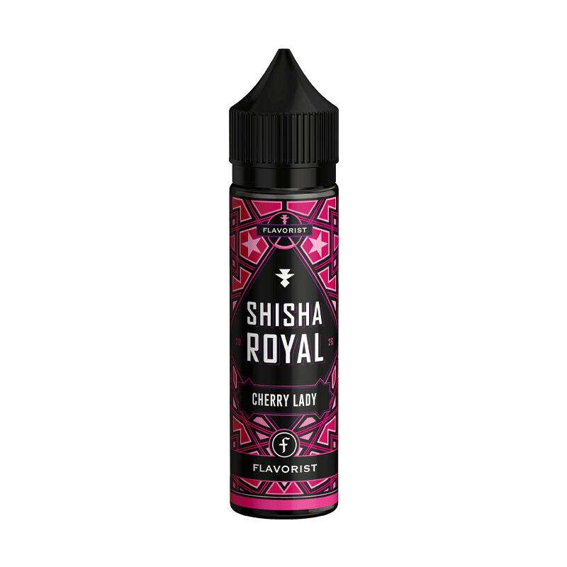 FLA118s Flasche Flavorist Aroma Shisha Royal Cherry Lady mit schwarzem Deckel und pink-schwarzem Etikett mit geometrischem Muster und Markenlogo