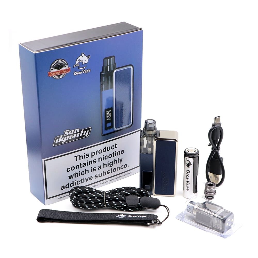 Orca Vape San Dynasty Pod Kit Orca Vape San Dynasty Pod Kit in Blau, inklusive Ladegerät, USB-Kabel und Ersatzteilen, mit Warnhinweis auf Nikotingehalt