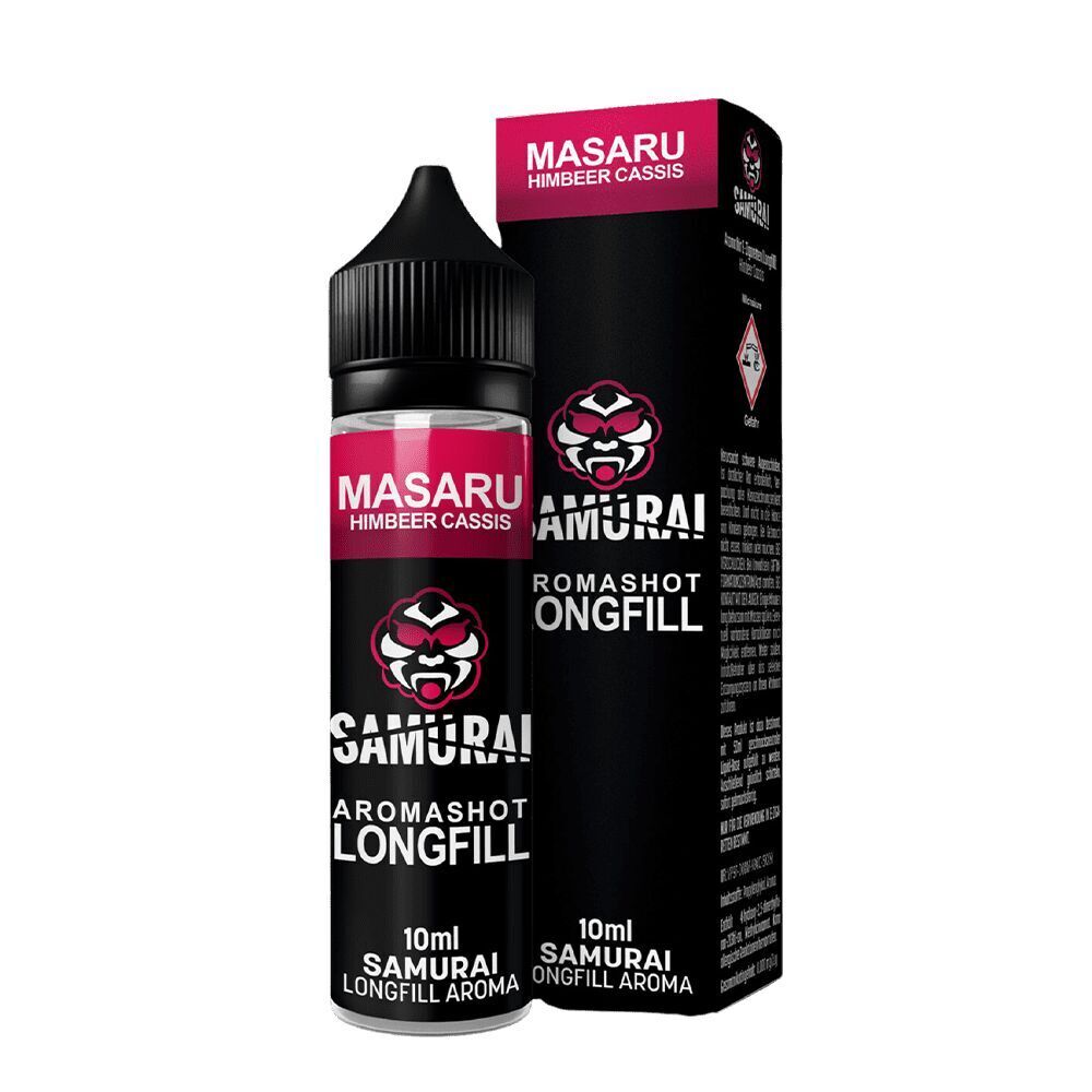 Aroma Masaru Himbeer Cassis - Samurai 10ml Samurai Aroma "Masaru Himbeer Cassis" in schwarzer Flasche mit pinker Schrift und Samurai-Logo, Verpackung daneben.