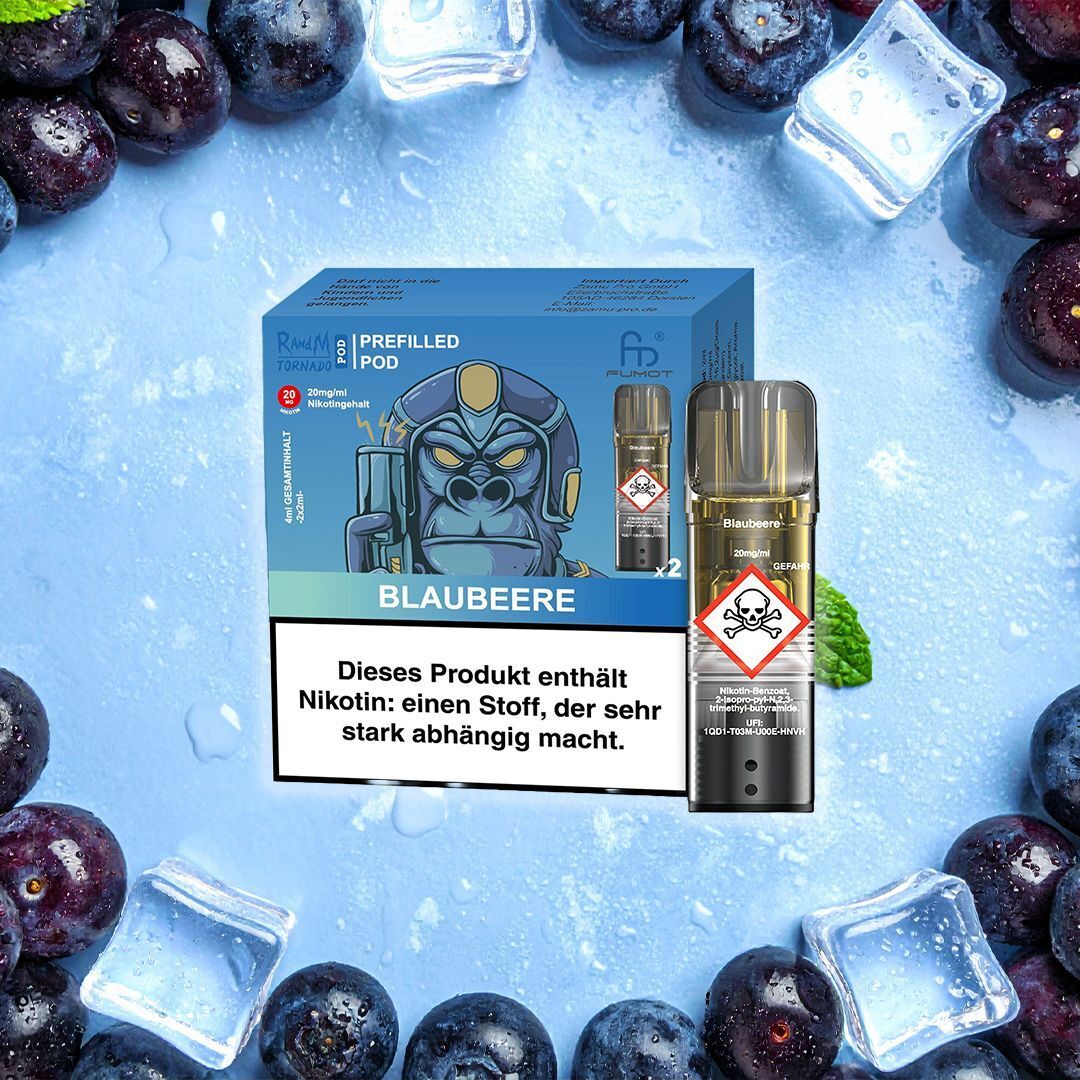RandM Tornado Pods - Blauebeere RandM Tornado Pods Packung mit Blaubeere-Geschmack und Warnhinweis auf blauem Hintergrund mit Blaubeeren und Eiswürfeln