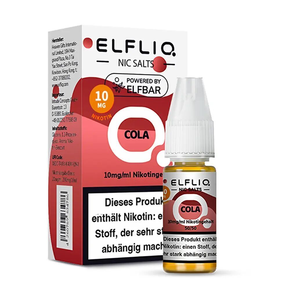 Elfliq Nikotinsalz - Cola 10mg Elfliq Nikotinsalz Cola mit 10mg/ml Nikotingehalt, Flasche und Verpackung im Hintergrund mit Warnhinweis "enthält Nikotin" sichtbar