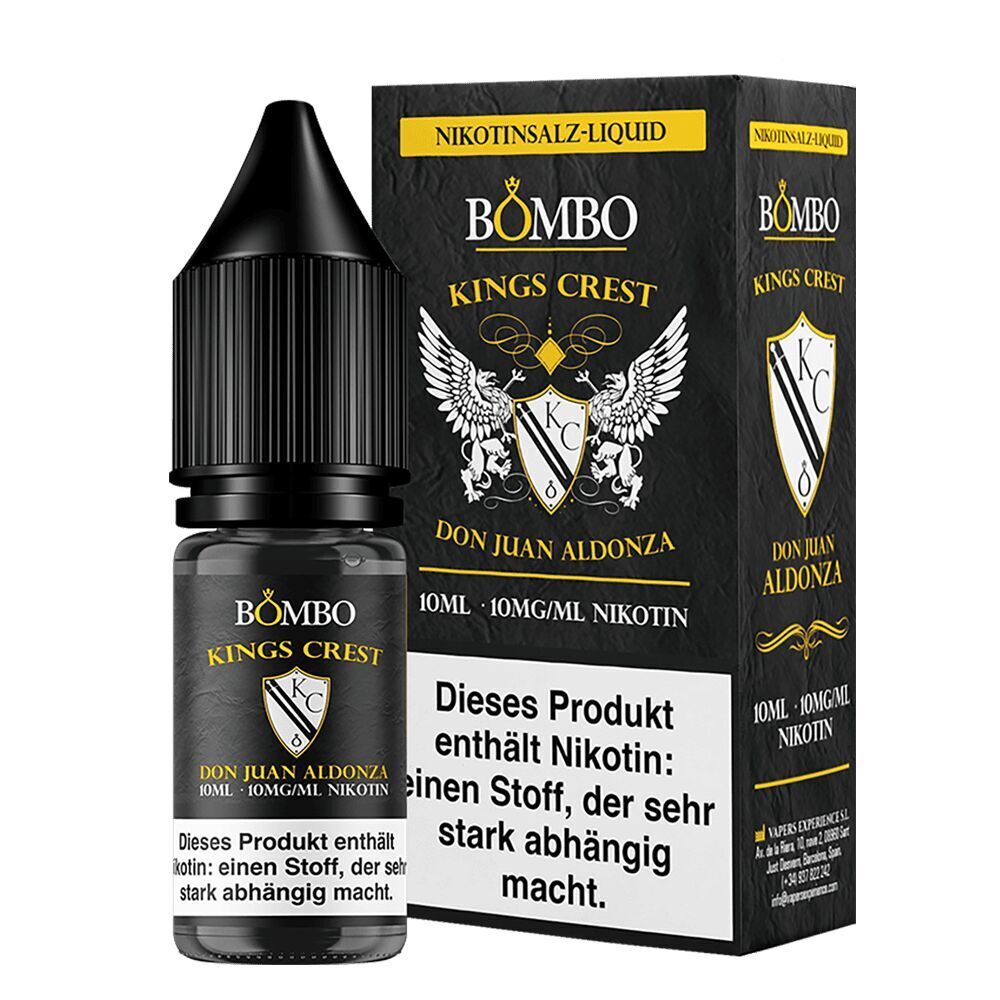 Kings Crest Nikotinsalz - Don Juan Aldonza Flasche und Verpackung von Kings Crest Nikotinsalz Don Juan Aldonza mit 10 ml, 10 mg/ml Nikotin, Warnhinweis auf Abhängigkeit vorne sichtbar.