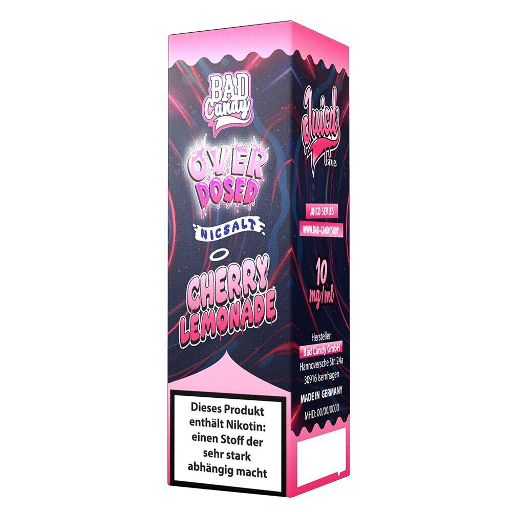Liquid Cherry Lemonade 20mg - Bad Candy Overdosed Verpackung von Bad Candy Overdosed Nicsalt in der Geschmacksrichtung Cherry Lemonade, 20mg Nikotin, mit Warnhinweis zu Nikotinsucht.