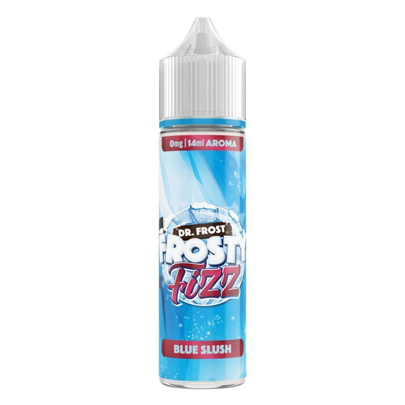 Aroma Blue Slush von Dr. Frost Dr. Frost Aroma - Blue Slush Flasche mit blauem Etikett, Aufschrift „Frosty Fizz“, 0mg, 14ml, Design mit Eiswürfeln und sprudelndem Hintergrund.